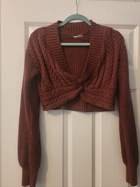 Free People Emilie cropped cable sweater twist front Cherry Cola rust brown S